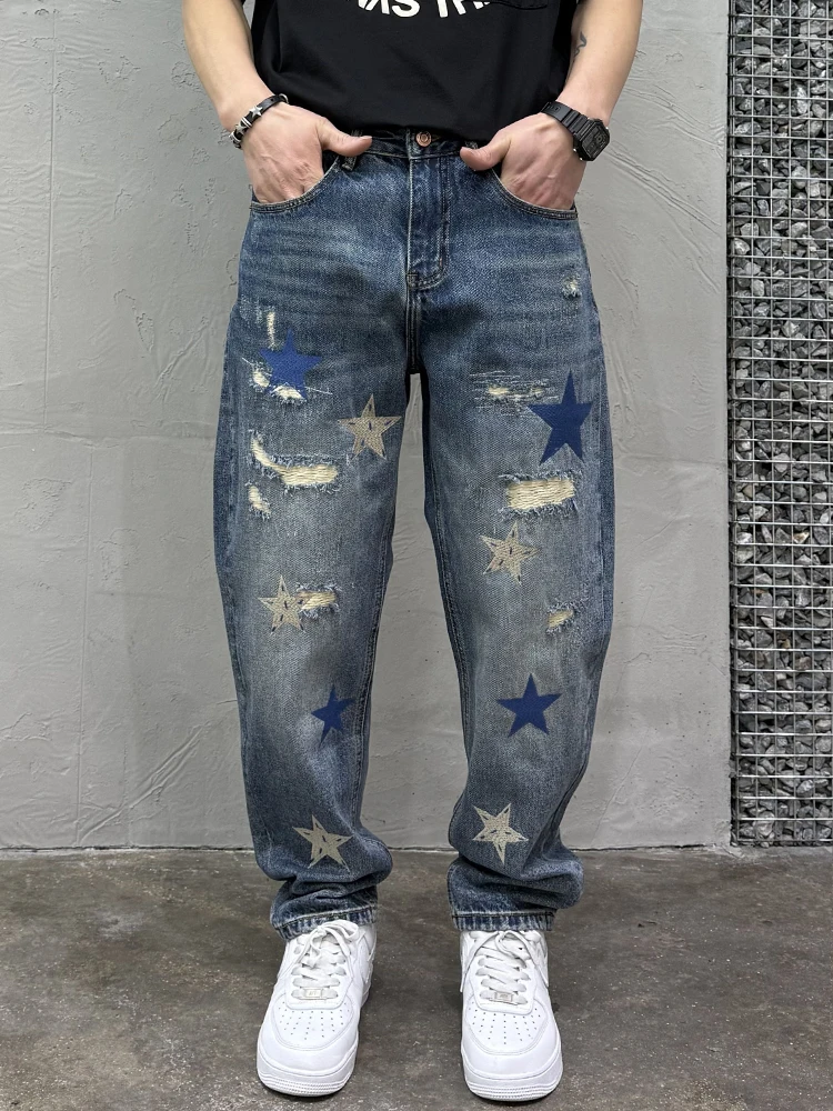 

Stylish Casual Loose Men's Jeans mid Waist Water Washed Straight Leg Torn Embroidery American High Street Style Jeans