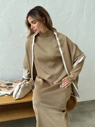 Fato de malha de 2 peças para mulheres, xale e vestido, elegante loungewear, inverno