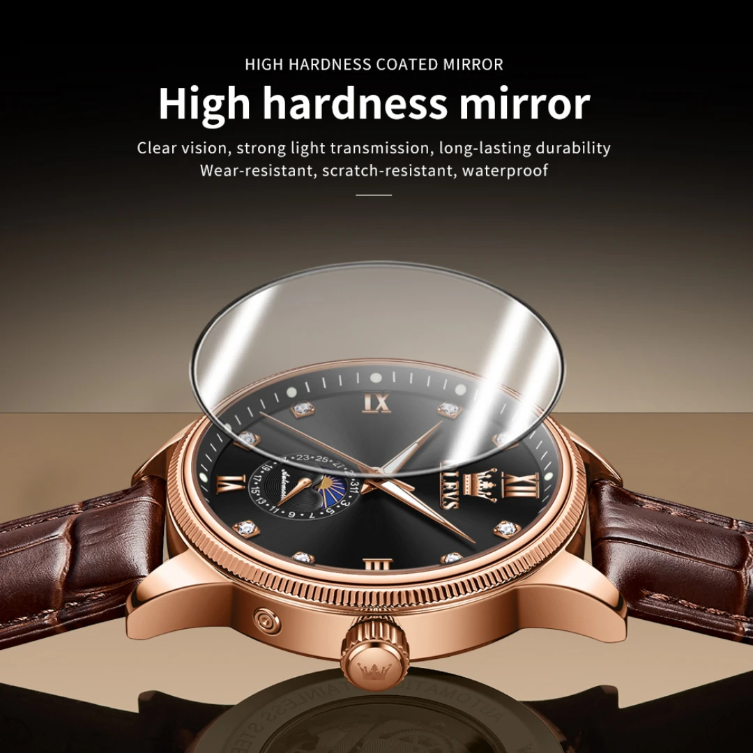 OLEVS 7039 ساعة ميكانيكية عصرية هدية دائرية الشكل من الجلد الطبيعي ساعة يد مضيئة