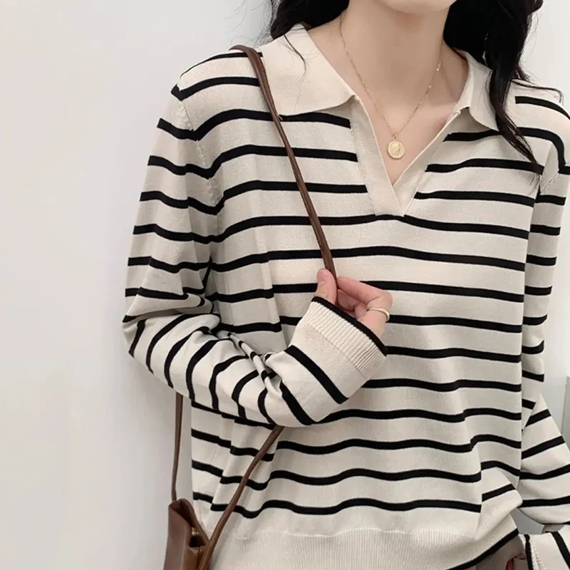 Sleeve T-shirt Old Money Style Pullover Casual Office Lady  V-neck Striped Knitted Top Women Autumn Slim Korean Long