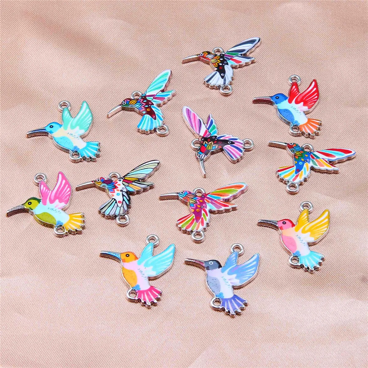 10pcs Painted Colorful Pigeon Little Hummingbird Double Hanging Connector Pendant DIY Oil Drop Making Bracelet Accessories