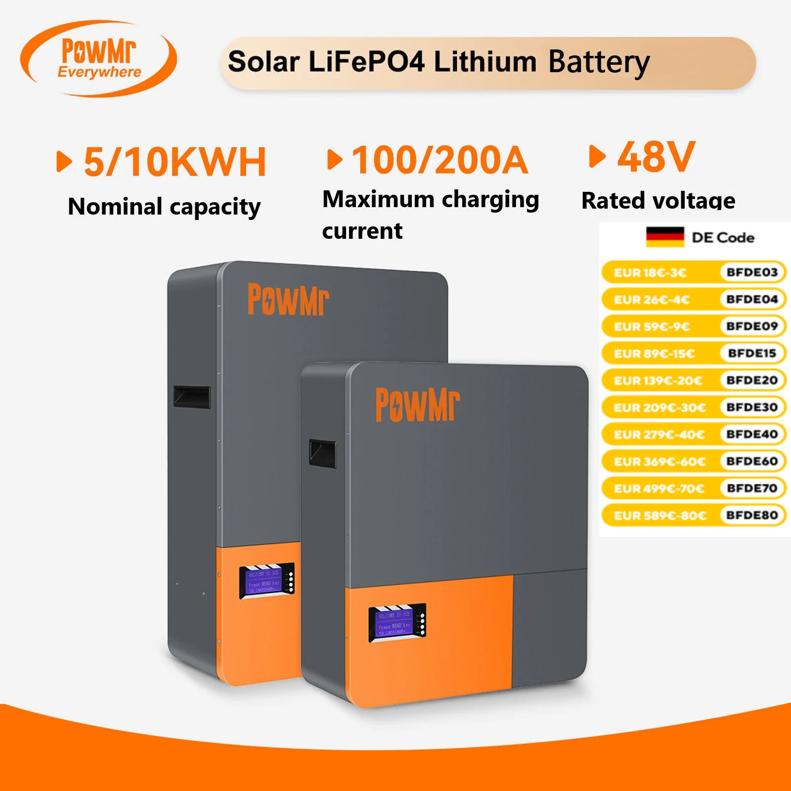 PowMr 48V LiFePo4 batterie 100AH/200AH batterie 5KWH 10KWH mural Lithium fer Phosphate BMS 16S 51.2V stockage d'énergie