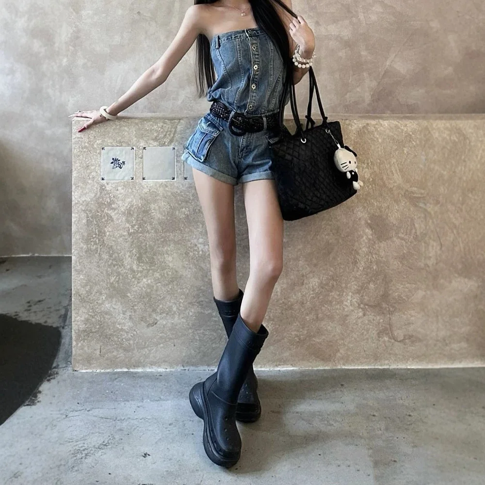 American Retro Hot Girl Denim Romper Shorts Women Vintage Design Rolled Hem One Piece Shorts Summer Fashion Casual Streetwear