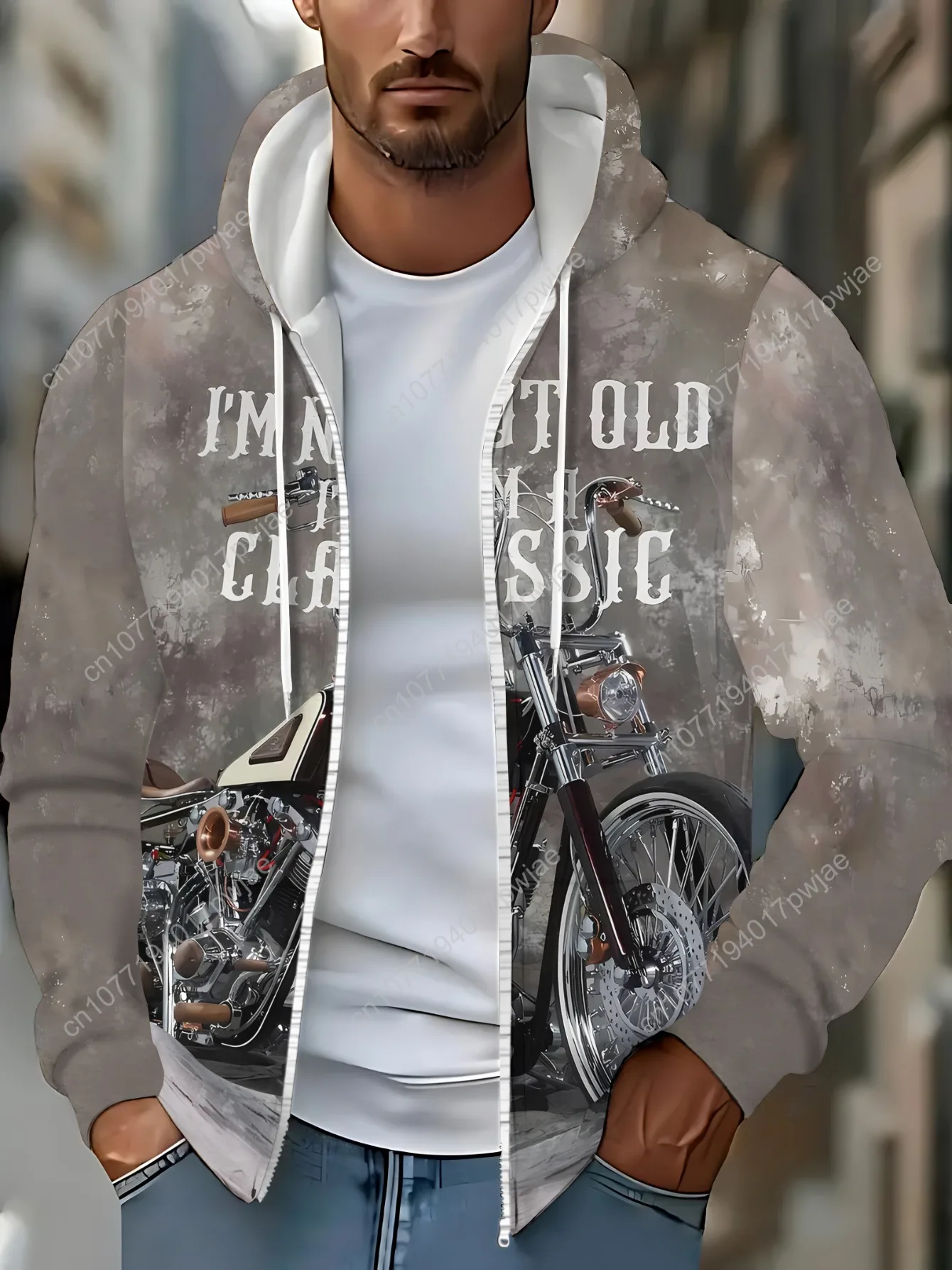 [Vintage Motorcycle Hoodie] Vintage Motorcycle Print Hoodie for Men - "I'm Not Old, I'm Classic" Design, Soft Polyester Zip-Up H