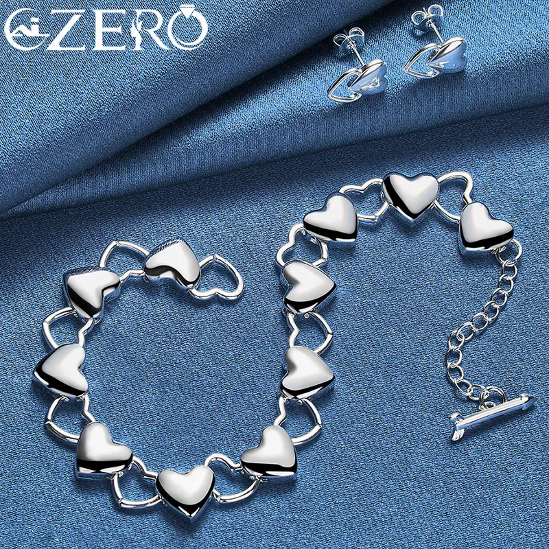 ALIZERO 925 Sterling Silver Heart Chain Bracelet Earrings For Women Wedding Engagement Fashion Party Jewelry Set 2pcs Sets