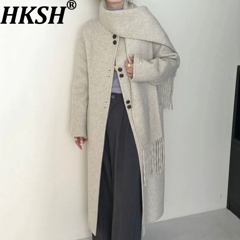 

HKSH Autumn Winter New Women Long Coat O-Neck Single Breasted Drop-Shoulder Sleeve Scarf Chic Double-Sided Woolen Jacket HK12277