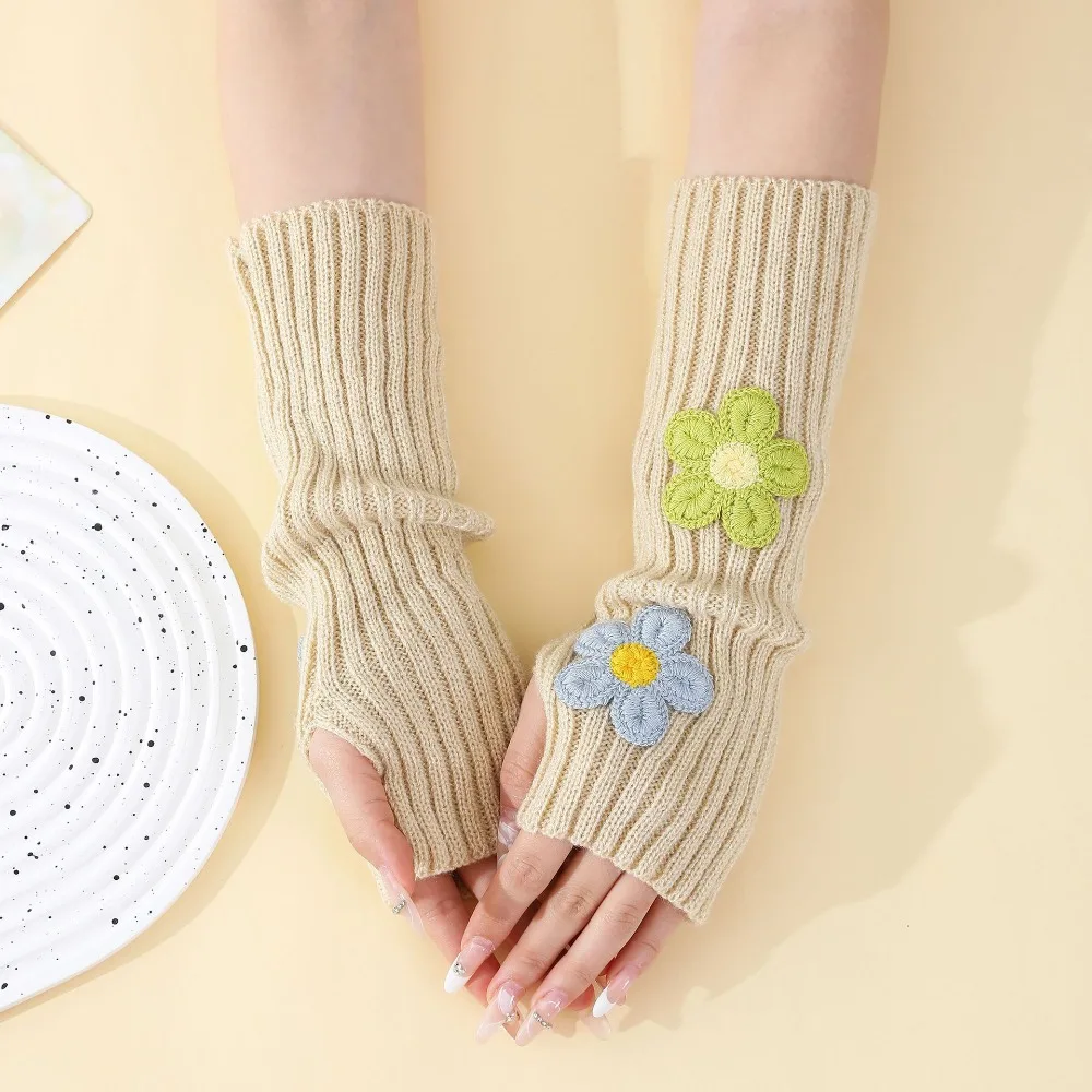 1 Pair Knitted Arm Warmers Elastic with Flowers Pattern Long Fingerless Gloves Warm Thumb Hole Design Winter Mitten Gloves