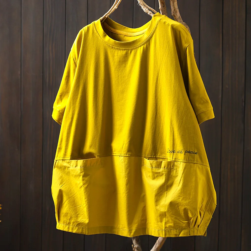 

Large size tops women's oversize shirt Japanese style o neck short sleeve cotton solid t shirt with two pockets casual tee