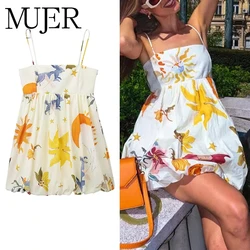MUJER Print Slip Mini Dress Woman Ruched Sleeveless Short Dresses For Women Backless Summer Sexy Dress Beach Holiday Dresses