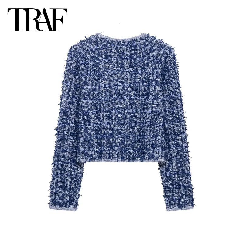 TRAF Blue Elegant Short Jackets 2025 Women's Spring Long Sleeve Knitted Coat Fashion Casual Cropped Knitwear New In Outerwears