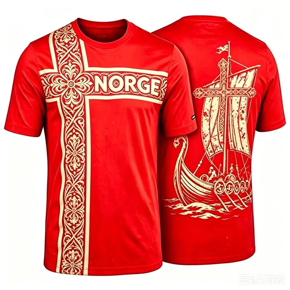 Men Norway Norge Viking Longship Floral Cross Print Sports Jersey Short Sleeve Training Casual Tee