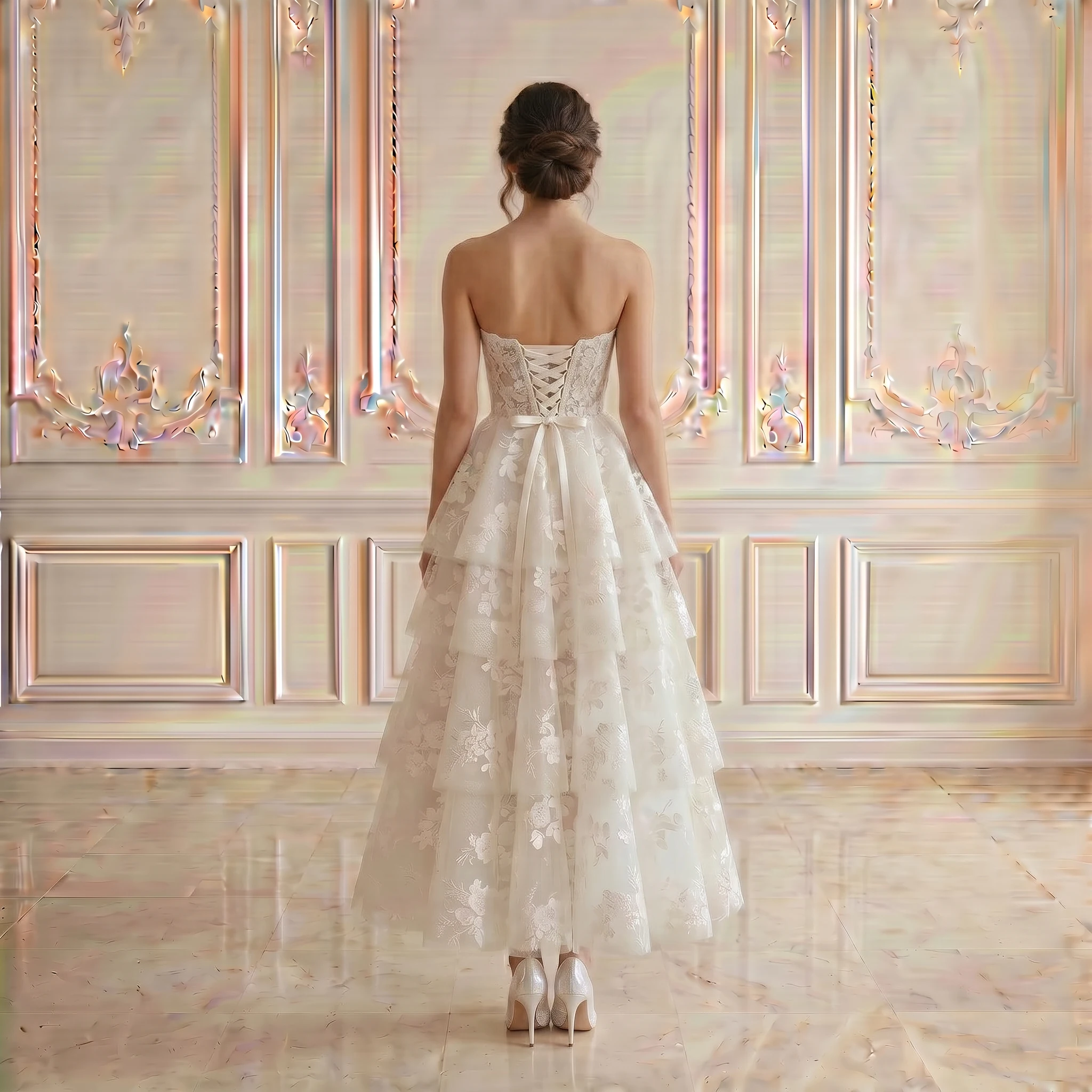 Strapless Sweetheart Tiered Lace Midi Wedding Dress Corset Lace Up Back Floral Tulle Elopement Bridal Gown
