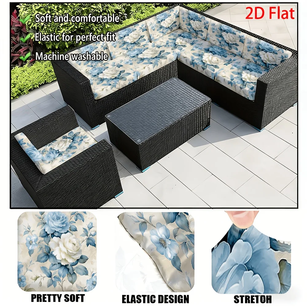 6/8pcs Blue & White Rose Outdoor Patio Sofa Cushion Cover, Removable Washable Patio Furniture Slipcover