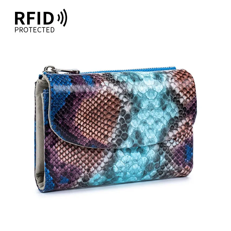 

Короткий кошелек из натуральной кожи RFID, новинка 2026, держатель для карт, кошелек из натуральной коровьей кожи, женский мини-клатч из воловьей кожи с змеиным узором