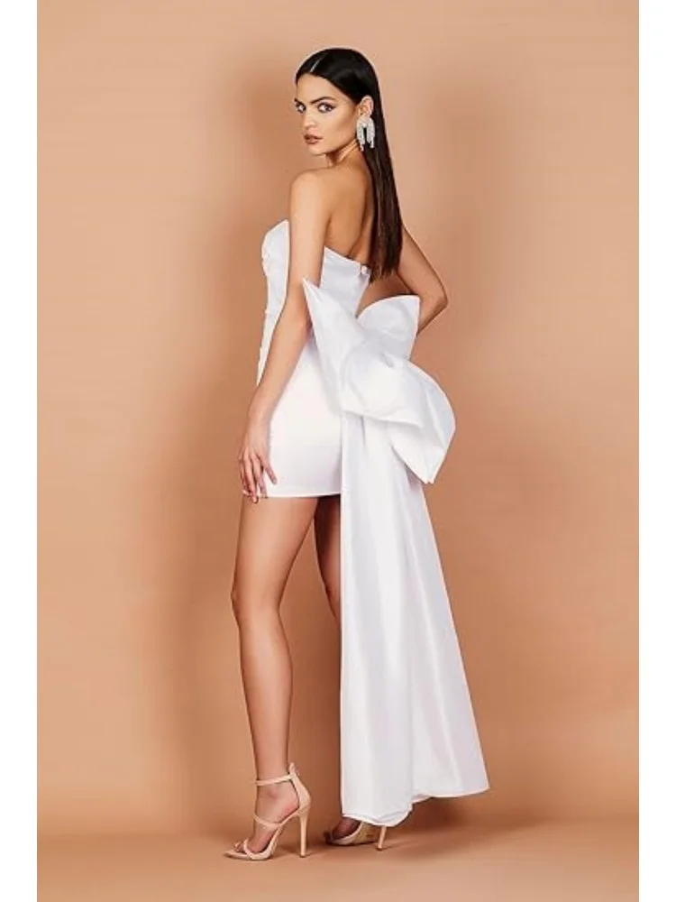 

Women's Bow Short Cocktail Dresses Satin Strapless Prom Dresses Pleated Mini Homecoming Dresses
