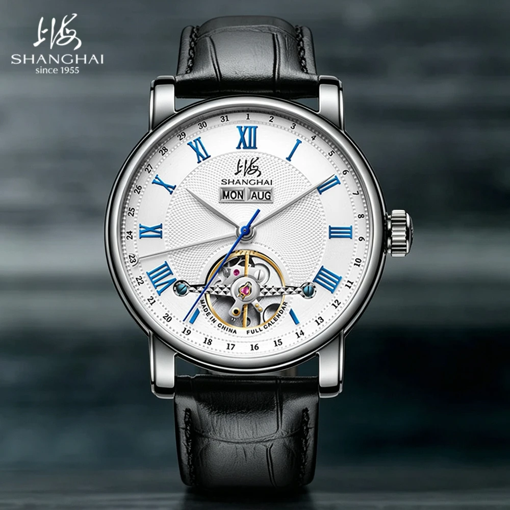 SHANGHAI Watch Day-Date Men's Automatic Watches 40.5mm Sapphire Full Calendar Mechanical Wristwatch Multifunction Flywheel S8003
