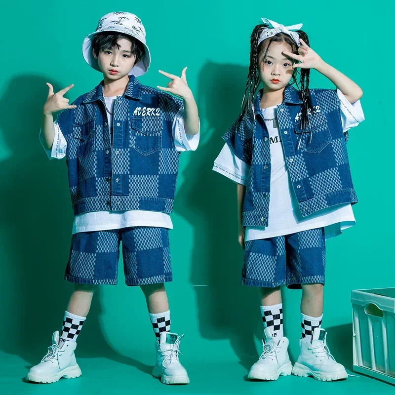 Jazz Dance Costume Jacket Denim Vest Top Summer Jeans Shorts Girl Boy Checkered Sleeveless Clothes Kids Kpop Hip Hop Clothing