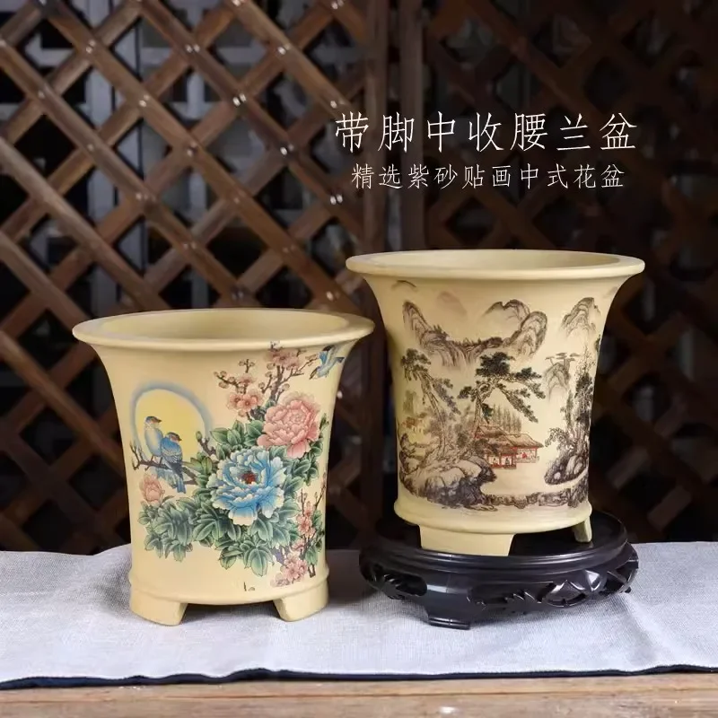 yesCascadepot Cybidium Orchid Plant Bonsai Pot,Flower Vase, Traditional Chinese Peony Peacock Pattern,Garden Decoration