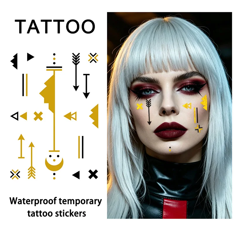 Mystische Geometrische Runen Goldfolie Temporäre Tattoos, Langanhaltend Wasserfest & Hautfreundlich Neue Technologie, Für Frauen, Arm, Gesicht