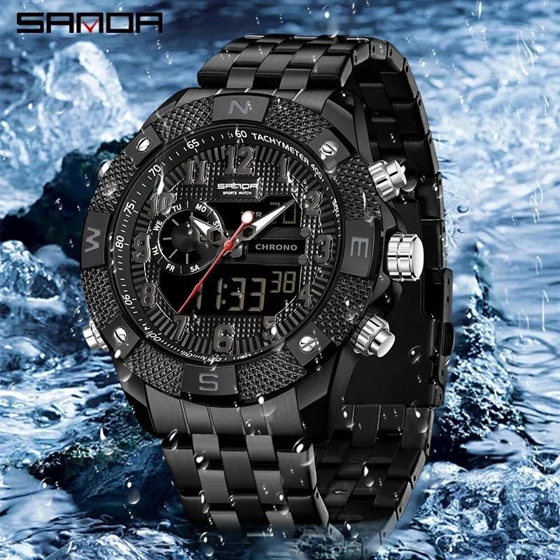 SANDA Top Men's Military Sport Quartz Watch Waterproof LED Digital Clock Stainless Steel Wristwatch