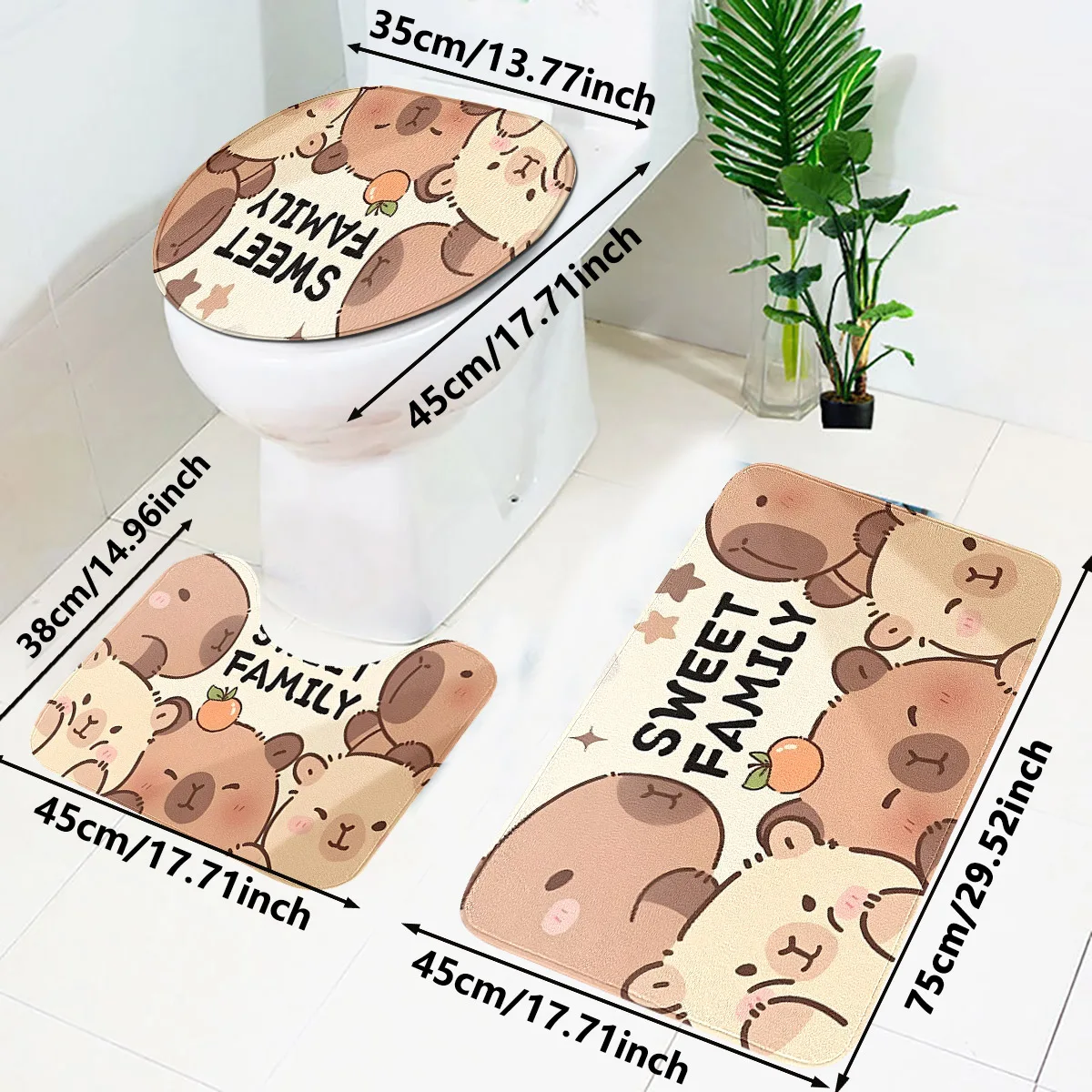 Cute Bear Bathroom Single or Three-Piece Set, Non-Slip Bathroom Mat, U-Shaped Toilet Mat, Toilet Seat Cover, Cozy Family Cartoon Bathroom Foot Mat Set