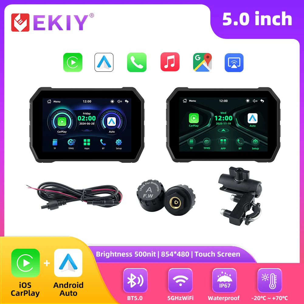EKIY 5 Inch Motorcycle GPS Navigation Motor Waterproof Wireless Android Auto Apple Carplay Portable Motorcycle Display Screen