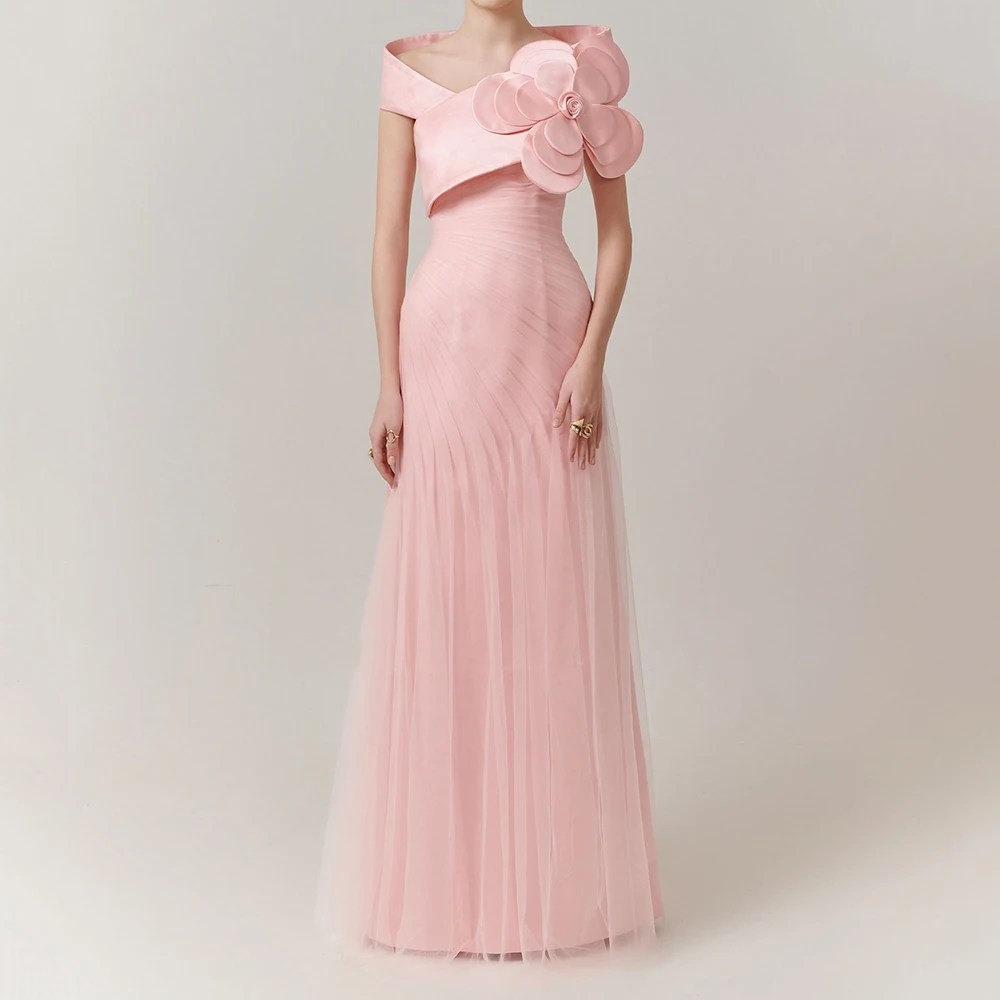 

Women's A-line Evening Dresses Floor-length Off The Shoulder Sleeveless Prom Gown Fashion Flowers Pleat Draped Customized Gowns