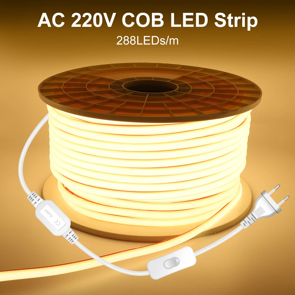 10m 20m 30m 50m 220V pasek COB LED pasek świetlny IP67 wodoodporny EU Plug FOB taśma LED do sypialni kuchnia ogród oświetlenie zewnętrzne