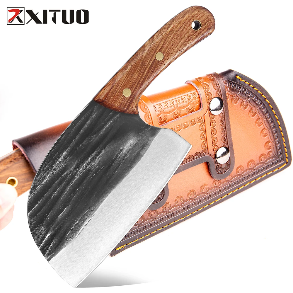 XITUO Full Tang Kitchen Chef Knife Premium High Carbon Steel Meat Cleaver Extra wide blade Solid Wooden Handle Cooking Tool