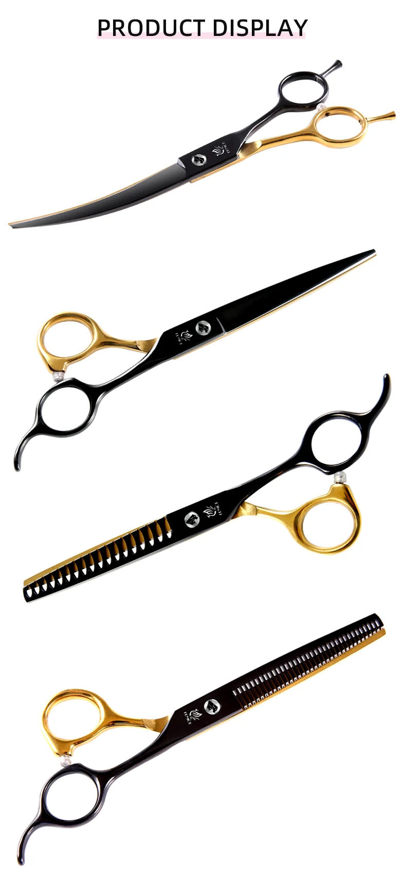 Fenice Professional Schwarz und Gold zweifarbige Hunde pflege Schere für kleine Hunde gerade gebogene Ausdünnung schere – Detail 12
