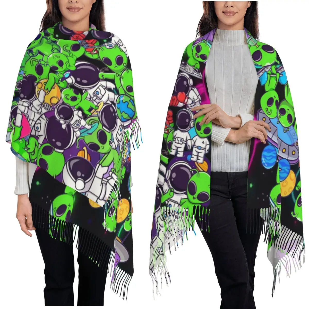 

Funny Alien Pattern Scarf Tassel Scarves Women Soft Warm Shawls and Wraps Long Fall Winter Shawl Wrap