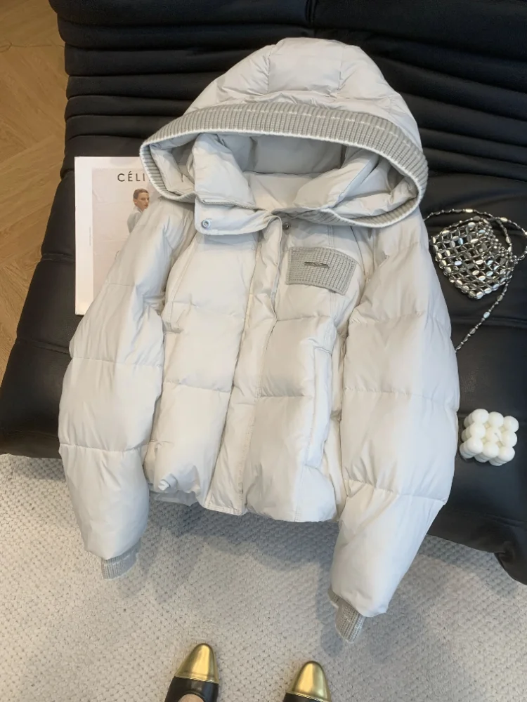 

Trendy ort Cotton Jaet Knitted with Woolen Tead Hooded Collar Splicing Design Winter Faion Outerwear for Women