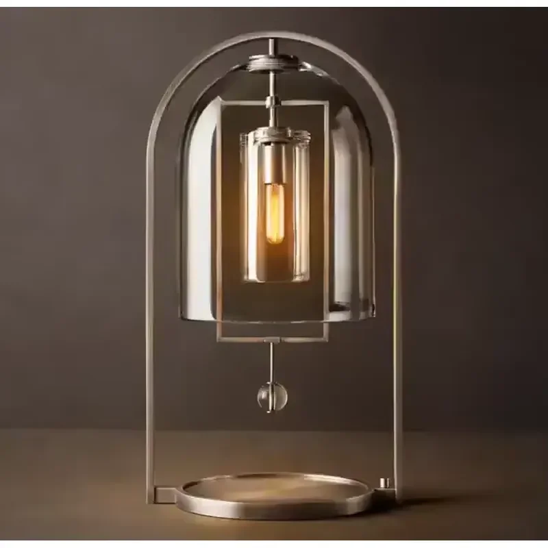 Modern American Table Lamp Brass Metal Frame Double Layer Glass Shade Custom Villa Bedside Night Table Lamp For Bedroom
