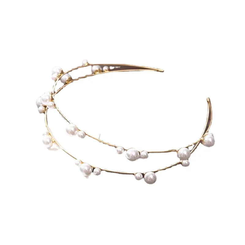 طبقتين اللؤلؤ الزفاف تيارا الذهب والفضة اللون الزفاف تاج الشعر اكسسوارات موضة النساء Hairband