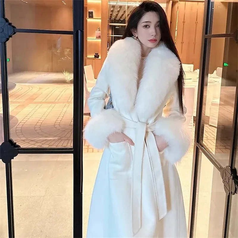 2024Winter New Temperament Famous Lady Waist Coat Mid Length Knee-high Fashion Imitation Big Fox Fur Collar Woolen Jacket Woman