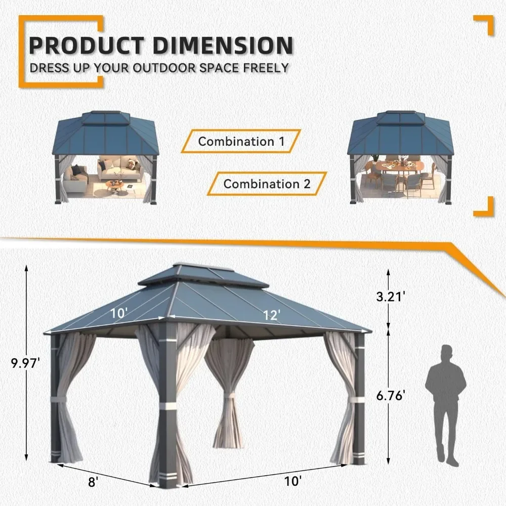 10' X 12' Gazebo, with Heavy Duty Galvanized with Curtains and Netting for Patio Lawn Garden Backyard, Outdoor Canopy