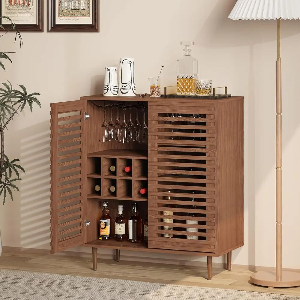 

Walnut-Toned Mid Century Wine Rack Bar Cabinet for Modern Dining & Living Spaces