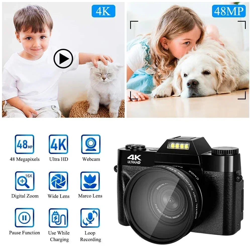 Caméscope d'appareil photo numérique professionnel, webcam WiFi, grand angle, n'aime numérique 16X, photographie 48MP, enregistreur à écran rabattable 3 pouces, 4K HD