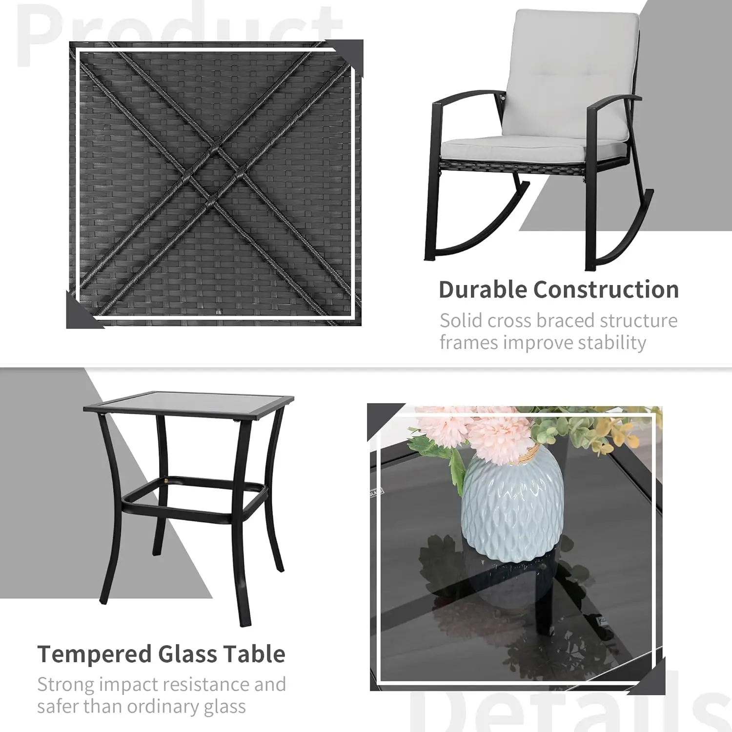 Outdoor 3 Piece Rocking Bistro Set, Wicker Patio Outdoor Furniture Porch Chairs Conversation Sets with Glass-Top Coffee Table fo
