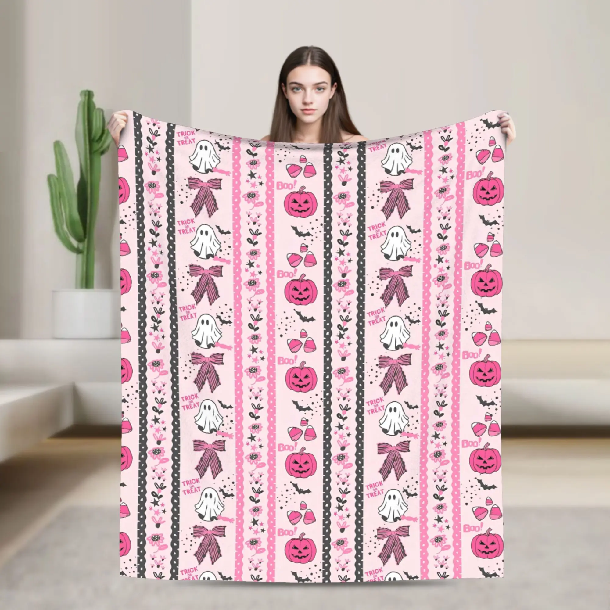

Pink Bows Pumpkin Halloween Ghosts Fleece Throw Blankets Blankets for Bed Travel Warm Bedspread,