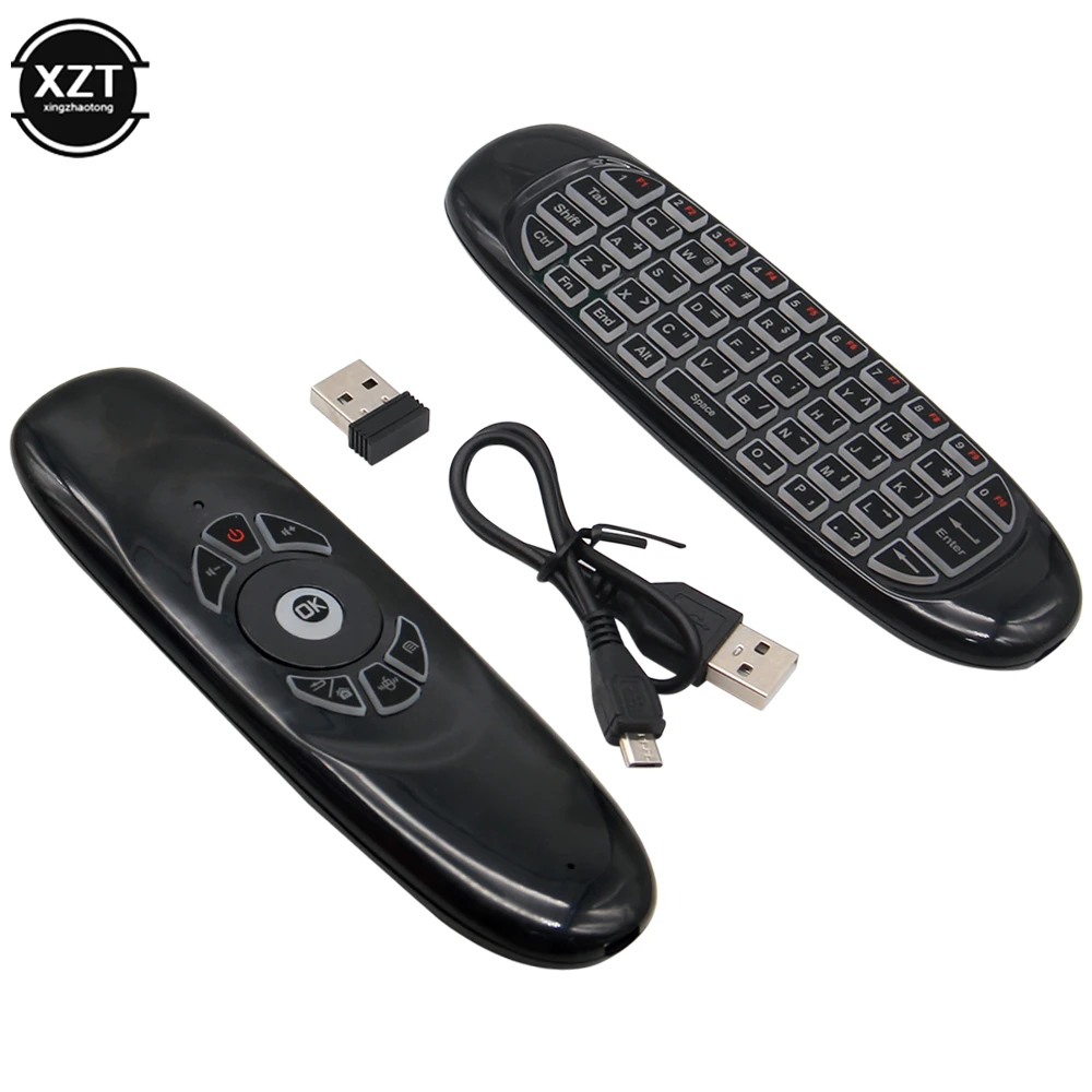 Nowy 2.4G RF pilot zdalnego sterowania C120 Air Mouse angielski rosyjski hiszpański bezprzewodowy podświetlenie klawiatury dla Android Smart TV