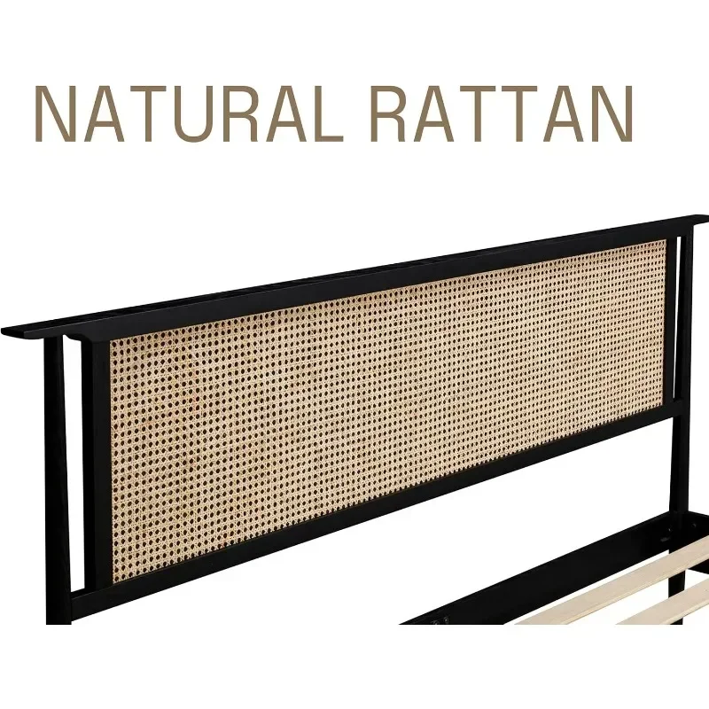 Robijn Houten Bedframe Met Hoofdeinde En Natuurlijke Rotan, Massief Eiken Bedframe Met Stille Latten