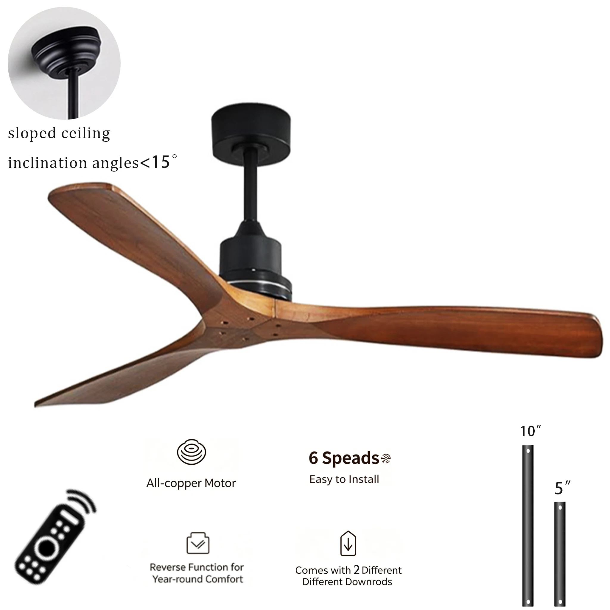 52 Inch Ceiling Fans No Light-Outdoor Electric Fan with Remote Control 3 Blade Reversible DC Motor Modern Wood Fan for Farmhouse