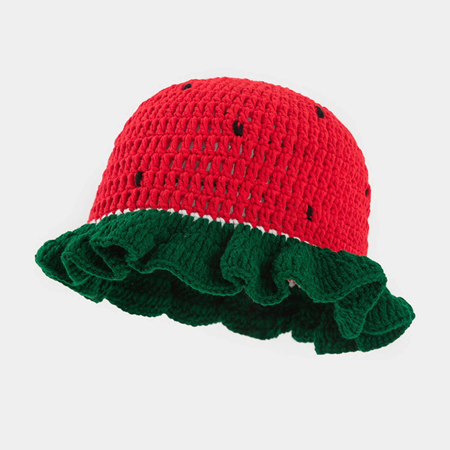 Ladies Handmade Crochet Watermelon Bucket Hat Ruffle Brim Fruit‑Themed Cute Cottagecore Contrasting Color Hollow‑Out Knit Cap