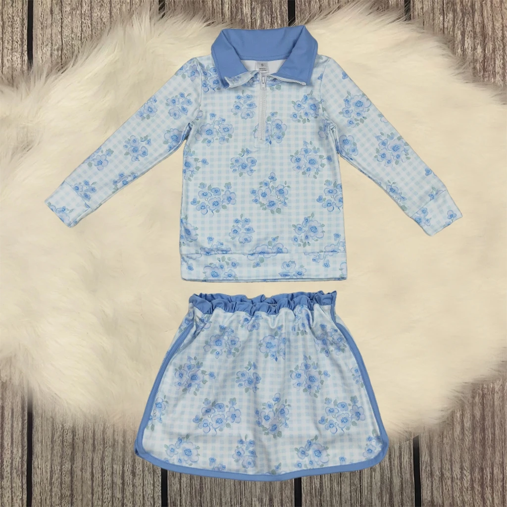 

Infant Long Sleeves Blue Flowers Zipper Shirt Skorts Shorts Plaid Kids Skirt Yoga Children Set Toddler Baby Girl Outfit Clothing