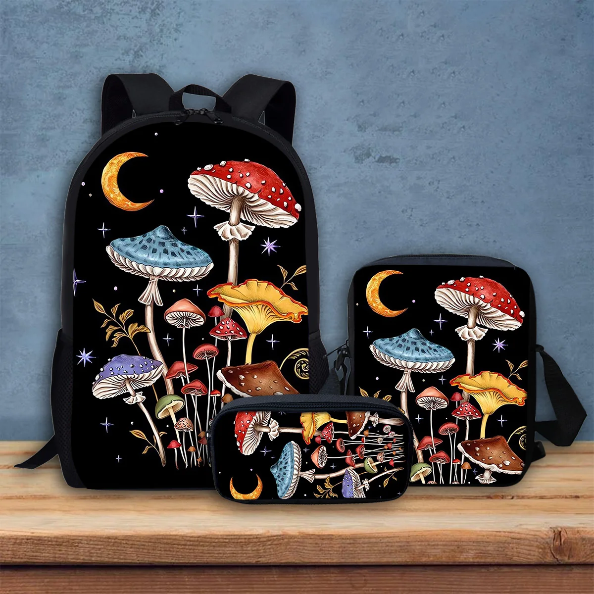 Mushroom Backpack 3pcs Set Night Moon Casual School Bags Lunch Bag Pencil Case Travel Backpacks for Teens Back To School Gifts