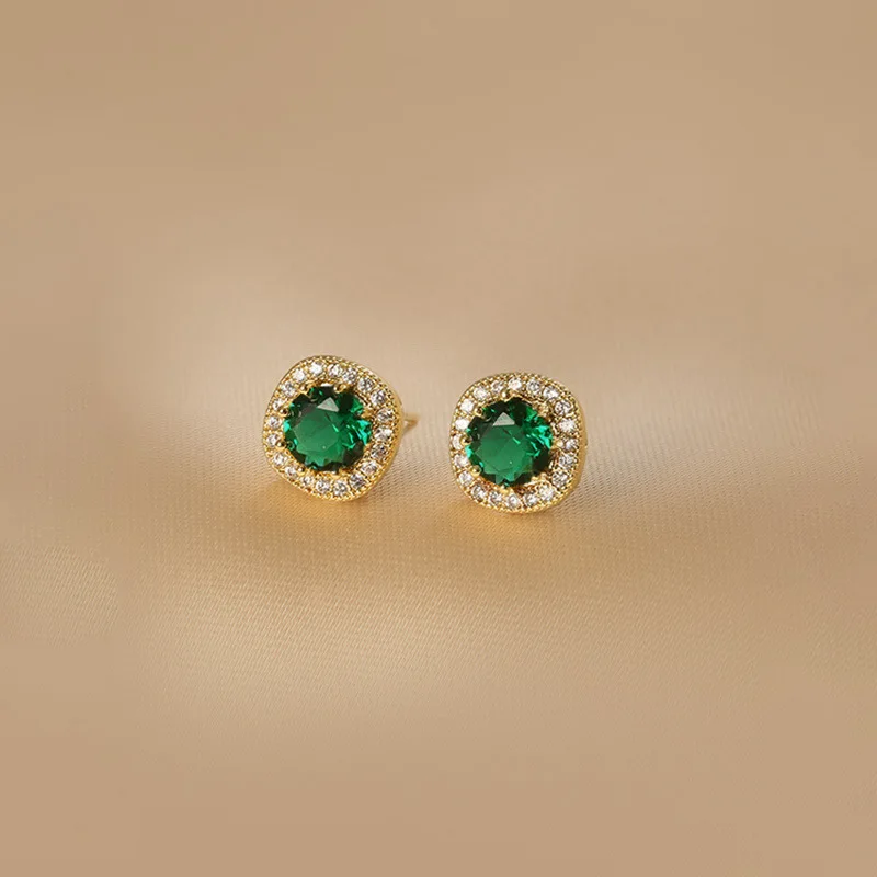 Korean 925 Sterling Silver Green Round Zircon Crystal Stud Earrings for Women S925 Wedding Party Jewelry Gift Aretes De Mujer