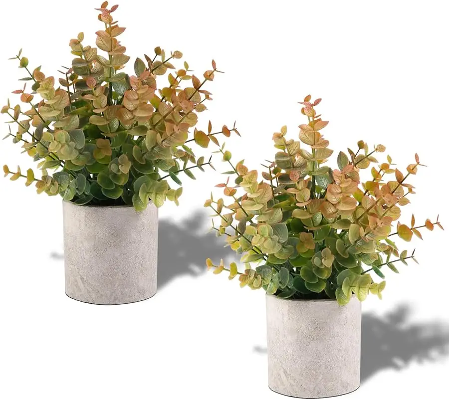 

2 Pack Small Fake Plants Fall Eucalyptus Potted Artificial Plants for Home Shelf Office Bathroom Desk Farmhouse Room Coffee Tabl