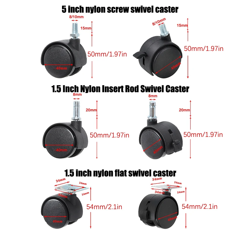 1Pair 1.5inch Universal Wheel Swivel Caster Roller Wheel Furniture Office Chair Caster With Brake