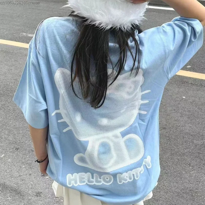 Sanrio Cotton Streetwear Hello Kitty Kawaii T-shirt Female Y 2k Cute Blue Short Sleeve Top Ins Style Harajuku Japanese Tees 90s